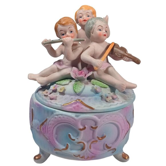 Vintage Norleans Footed Cherub Musi Porcelain Bisque Jewelry Trinket Dresser Box - Picture 4 of 13